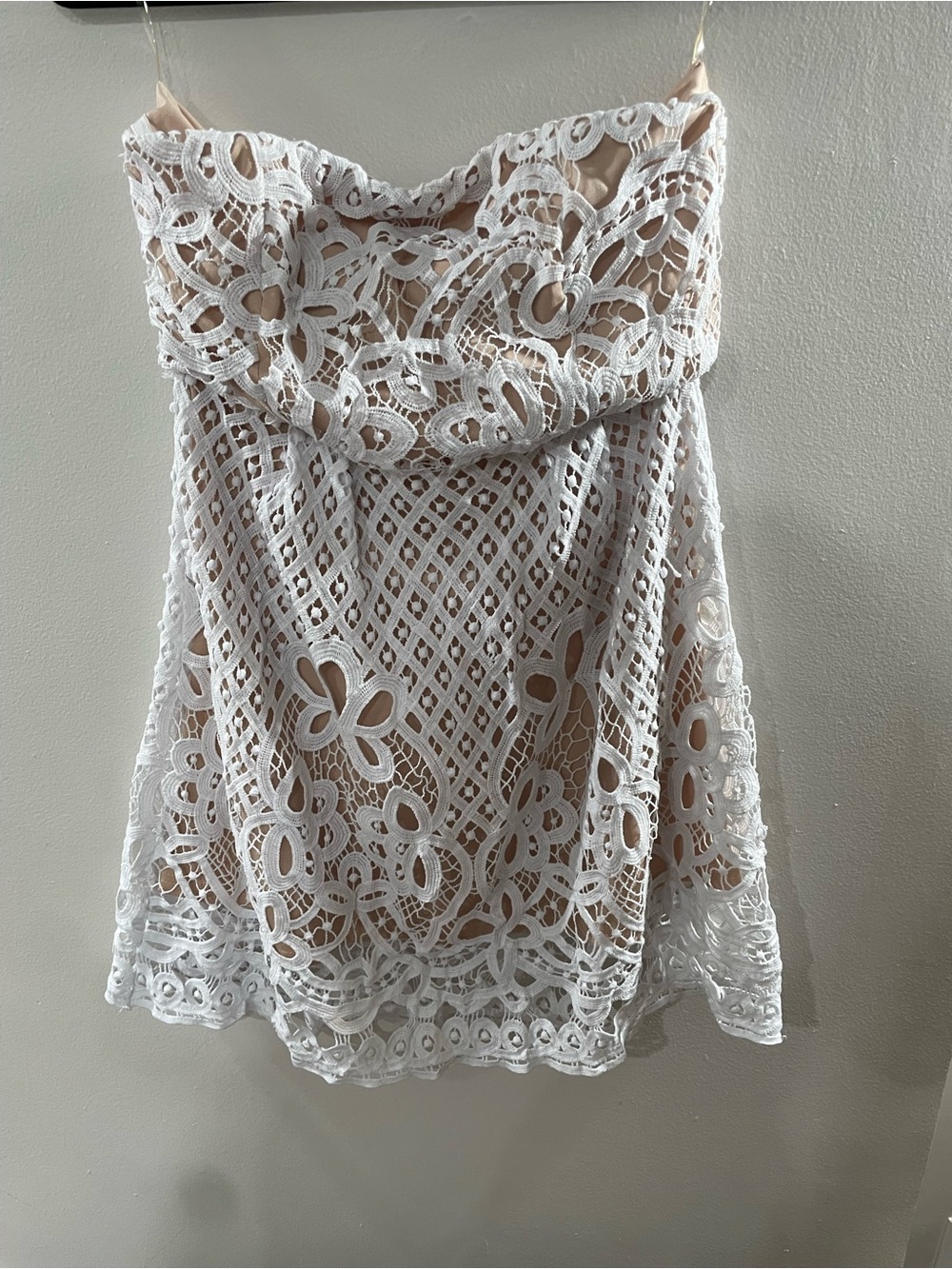 White Lace Strapless Overlay Mini Dress with Nude Lining